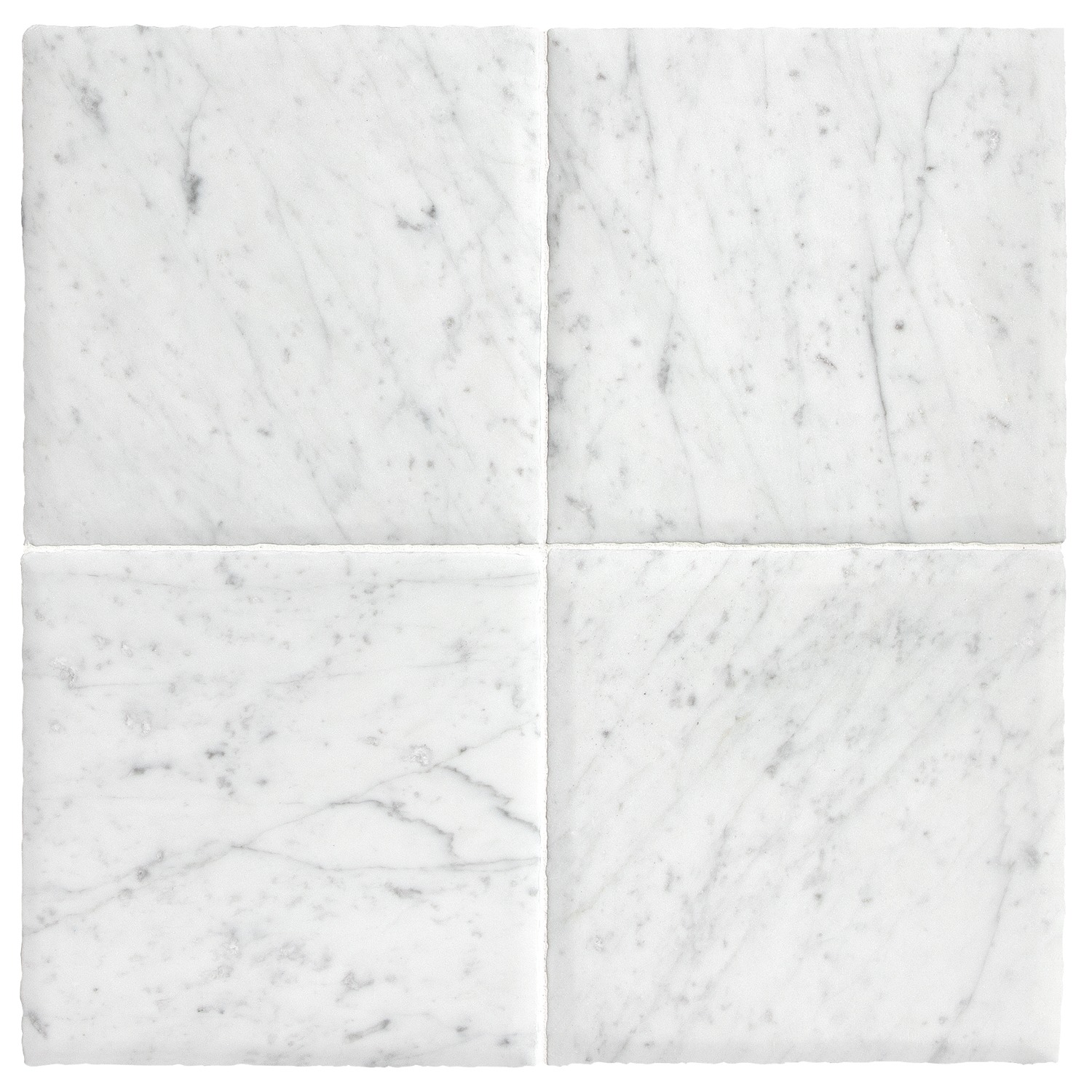 Four tiles of the Chateau Lyon 8" x 8" tiles in Italian Carrara Light Select with a hand burnished finish.