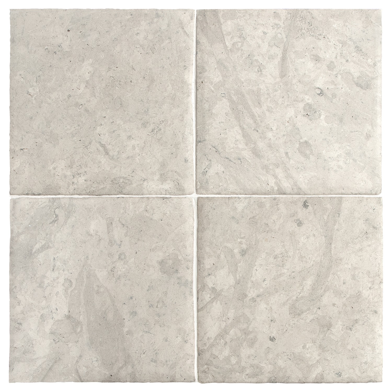 Four tiles of the Chateau Lyon 8" x 8" tiles in Tunisian Grey with a hand burnished finish.
