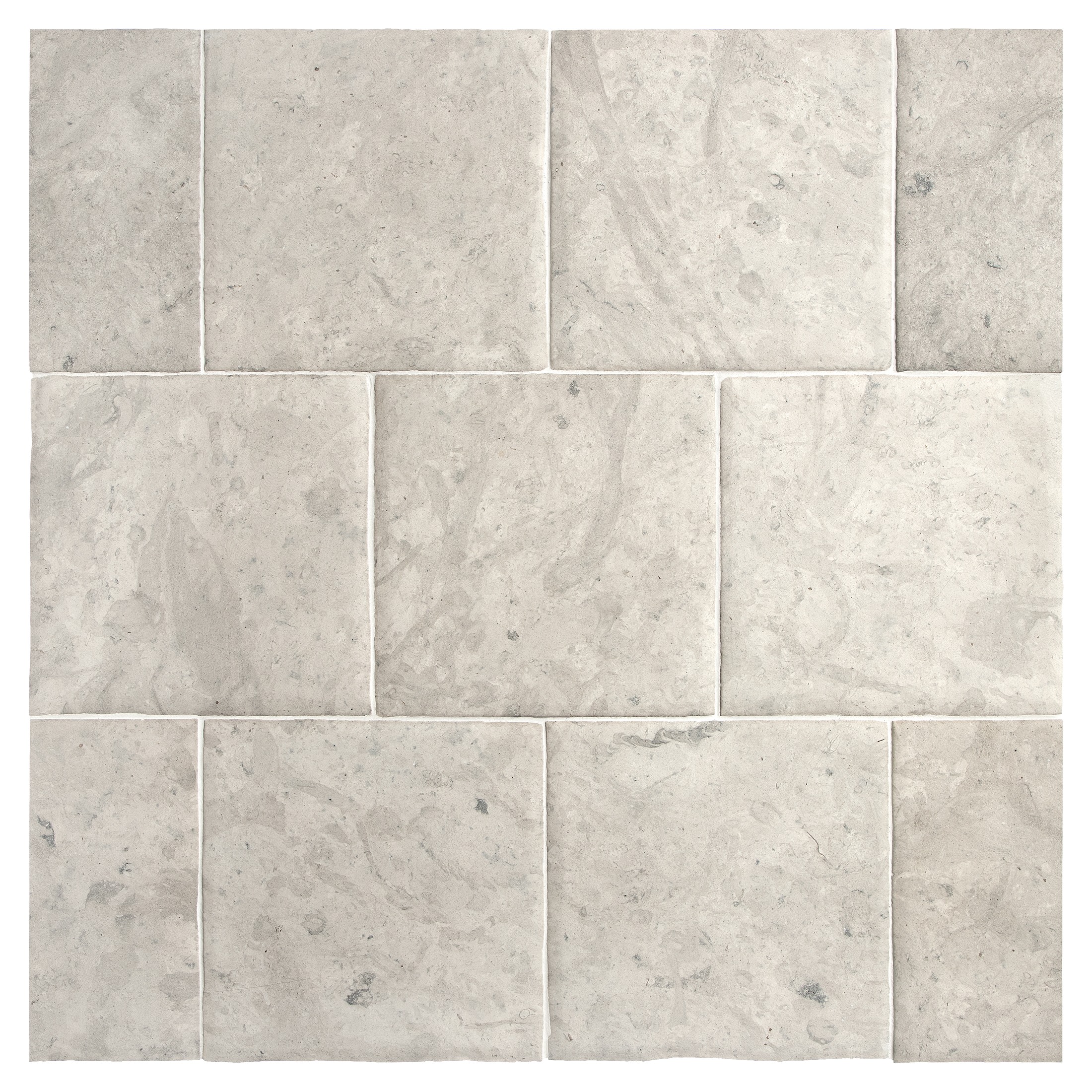 Nine tiles of the Chateau Lyon 8" x 8" tiles in Tunisian Grey with a hand burnished finish.