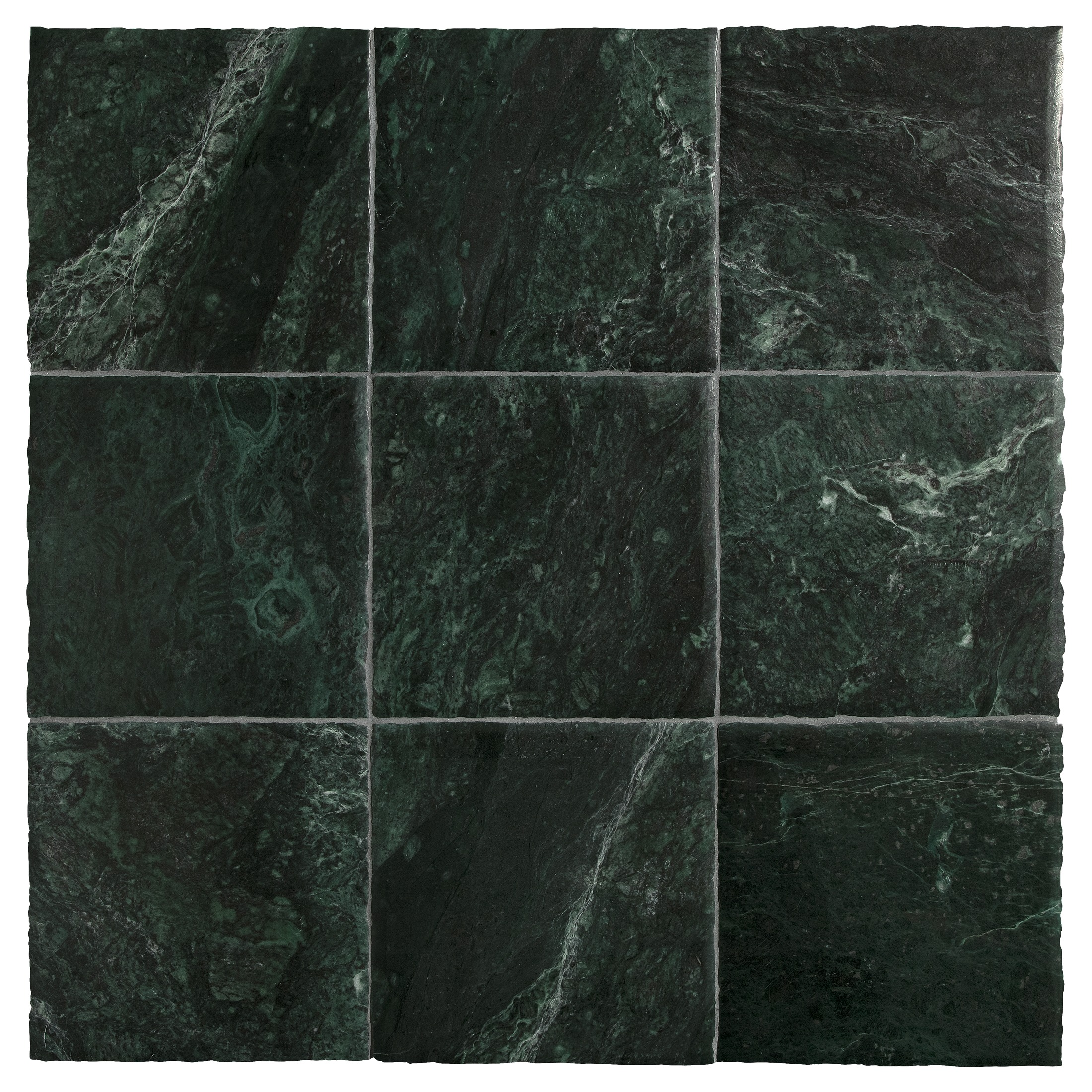 Nine tiles of the Chateau Lyon 8" x 8" tiles in Florence Green with a hand burnished finish.