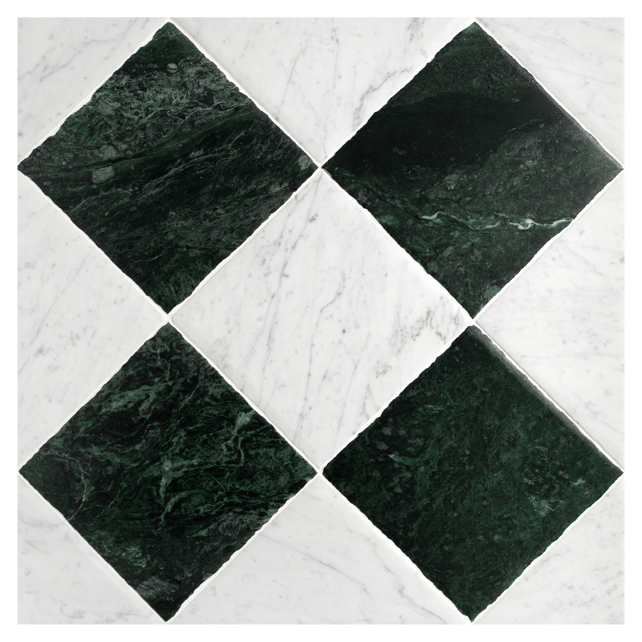 Larger field of the Chateau Lyon 8" x 8" checkerboard in Italian Carrara Light Select and Florence Green marble with a Historique finish.