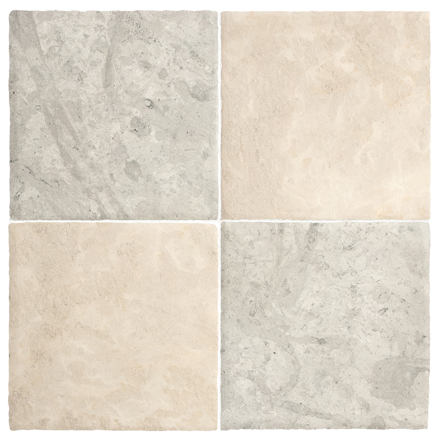 Chateau Lyon 8" x 8" checkerboard in Barley Beige and Tunisian Grey limestone with a Historique finish.
