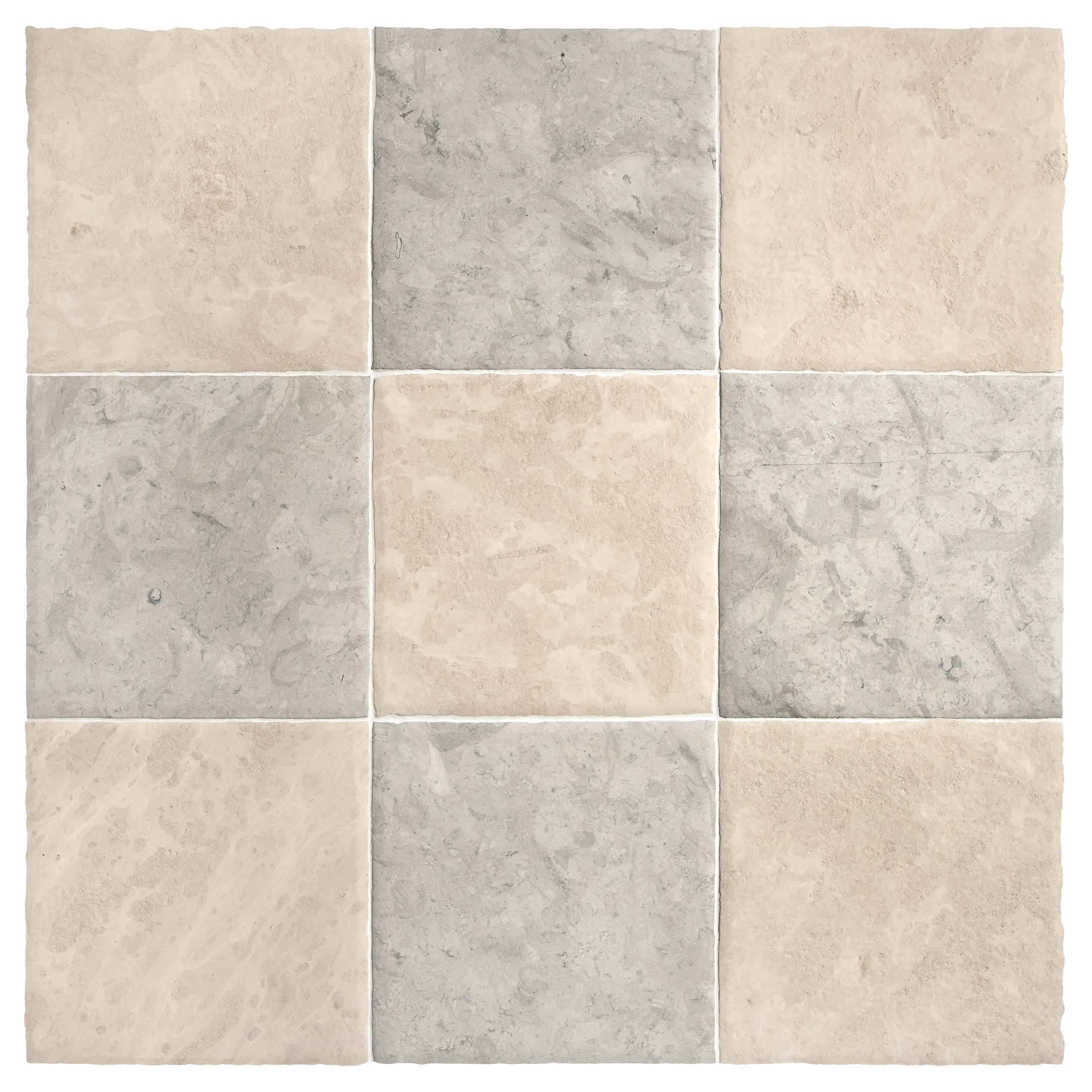 Larger field of the Chateau Lyon 8" x 8" checkerboard in Barley Beige and Tunisian Grey limestone with a Historique finish.