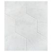 Timeless Tumbled 10-1/2" Hexagon tile in Mugla White marble, seen with a tumbled and bush-hammered finish.