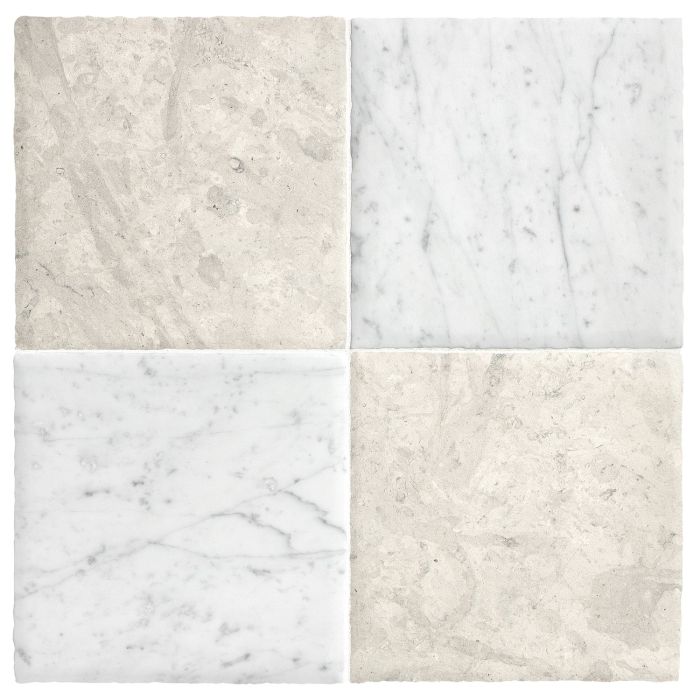 Chateau Lyon 8" x 8" checkerboard in Italian Carrara Light Select marble and Tunisian Grey limestone in a Historique finish.