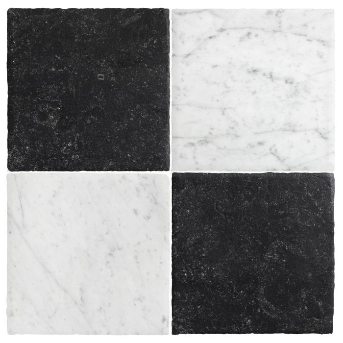 Chateau Lyon 8" x 8" checkerboard in Italian Carrara Light Select marble and Belgian Bluestone limestone in a Historique finish.