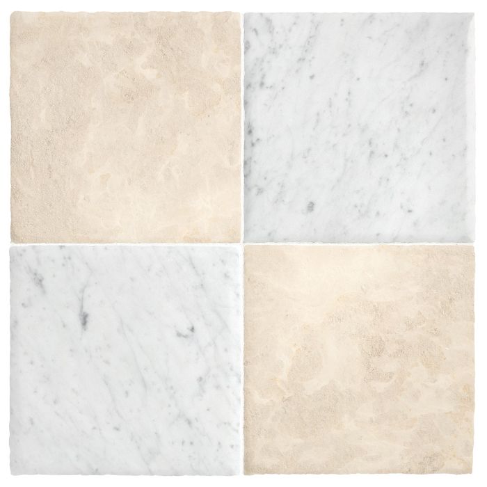 Chateau Lyon 8" x 8" checkerboard in Italian Carrara Light Select marble and Barley Beige limestone in a Historique finish.
