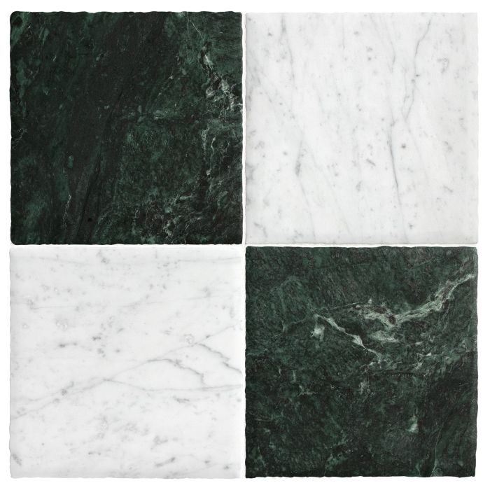 Chateau Lyon 8" x 8" checkerboard in Italian Carrara Light Select and Florence Green marble with a Historique finish.