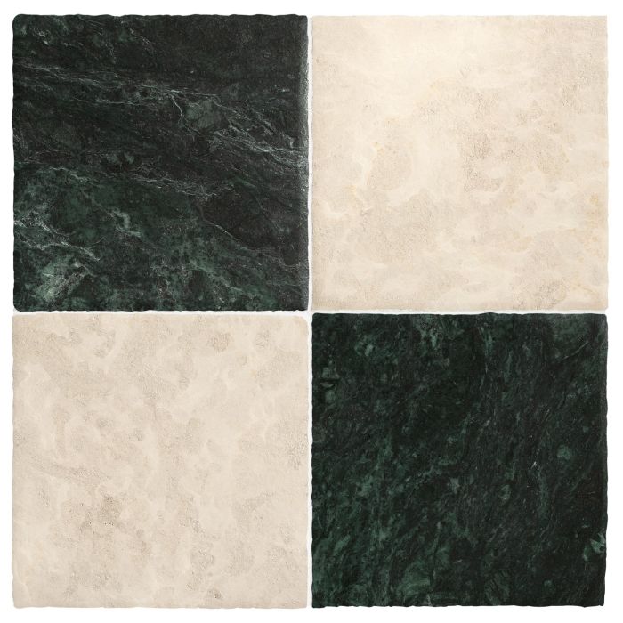 Chateau Lyon 8" x 8" checkerboard in Barley Beige limestone and Florence Green marble with a Historique finish.