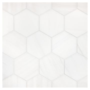 A field of the 3-1/2" Hexagon mosaic in honed Bianco Dolomiti Select marble. A field of the 3-1/2" Hexagon mosaic in honed Bianco Dolomiti Select marble.