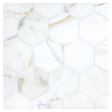A field of the 3-1/2" Hexagon mosaic in honed Calacatta Gold marble. A field of the 3-1/2" Hexagon mosaic in honed Calacatta Gold marble.
