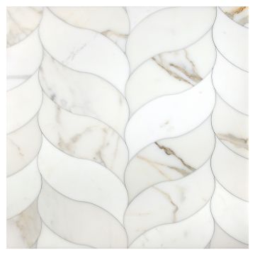 A 24" x 24" field of Acurve Delicato Flow A+B interlocking waterjet tile in Calacatta Gold with a honed finish, seen in the Shine layout. A 24" x 24" field of Acurve Delicato Flow A+B interlocking waterjet tile in Calacatta Gold with a honed finish, seen in the Shine layout.