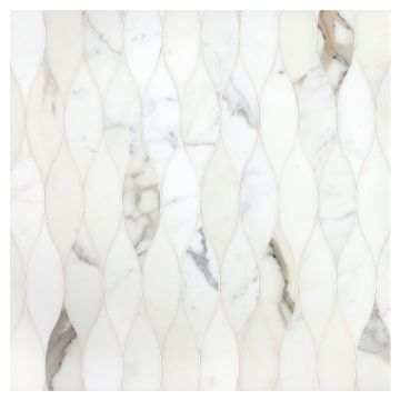 A 24" x 24" field of Acurve Delicato Vibe interlocking waterjet tile in Calacatta Gold with a honed finish. A 24" x 24" field of Acurve Delicato Vibe interlocking waterjet tile in Calacatta Gold with a honed finish.