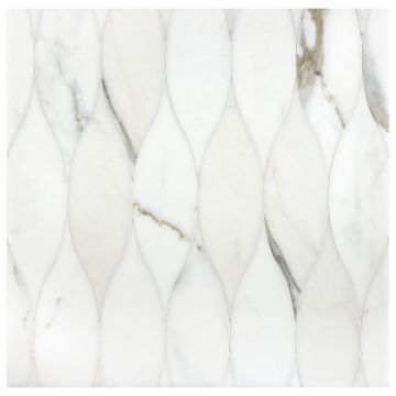 A 24" x 24" field of Acurve Grand Vibe interlocking watejet tile in Calacatta Gold with a honed finish. A 24" x 24" field of Acurve Grand Vibe interlocking watejet tile in Calacatta Gold with a honed finish.
