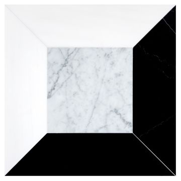 The pART Deco Modique Solid Frame and Square tile module G in honed Italian Carrara Light, Bianco Dolomiti Select and Nero Marquina marble. The pART Deco Modique Solid Frame and Square tile module G in honed Italian Carrara Light, Bianco Dolomiti Select and Nero Marquina marble.