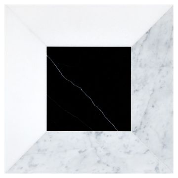 The pART Deco Modique Solid Frame and Square tile module H in honed Nero Marquina, Thassos Select and Italian Carrara Light Select marble. The pART Deco Modique Solid Frame and Square tile module H in honed Nero Marquina, Thassos Select and Italian Carrara Light Select marble.