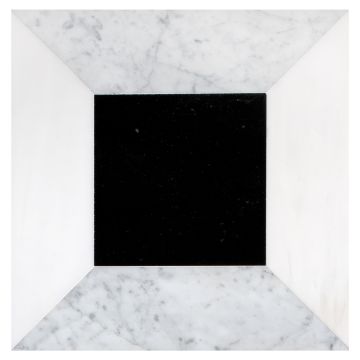 The pART Deco Modique Solid Frame and Square tile module J in honed Nero Marquina, Bianco Dolomiti Select and Nero Marquina marble. The pART Deco Modique Solid Frame and Square tile module J in honed Nero Marquina, Bianco Dolomiti Select and Nero Marquina marble.