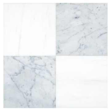 The pART Deco Square Solid 6" x 6" tile, shown in a checkered module using honed Bianco Dolomiti Select and Italian Carrara Light Select marble. The pART Deco Square Solid 6" x 6" tile, shown in a checkered module using honed Bianco Dolomiti Select and Italian Carrara Light Select marble.