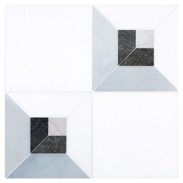 The pART Deco Square Solid 6" x 6" tile in honed Thassos Select marble is used in a checker pattern with the Fordham Focal mosaic, made from polished Thassos Select, Morning Blue, and Blue De Savoi marble with honed basalt. The pART Deco Square Solid 6" x 6" tile in honed Thassos Select marble is used in a checker pattern with the Fordham Focal mosaic, made from polished Thassos Select, Morning Blue, and Blue De Savoi marble with honed basalt.