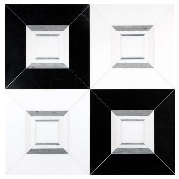 The pART Deco Modique Solid Frame and Regal Square tile module, using honed Nero Marquina and Thassos Select with polished Thassos, Bianco Dolomiti and Wood Vein Blue marble. The pART Deco Modique Solid Frame and Regal Square tile module, using honed Nero Marquina and Thassos Select with polished Thassos, Bianco Dolomiti and Wood Vein Blue marble.