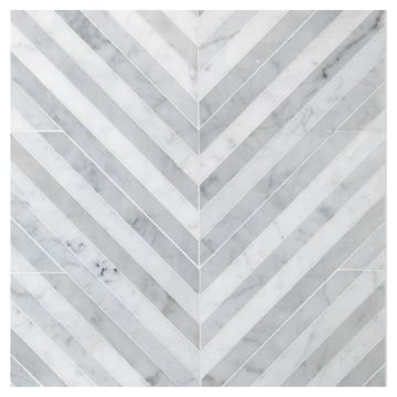 A layout of the pART Deco Modique Grey mosaic in the Chevron pattern, made from polished Italian Carrara Light and Italian Carrara Dark marble. A layout of the pART Deco Modique Grey mosaic in the Chevron pattern, made from polished Italian Carrara Light and Italian Carrara Dark marble.