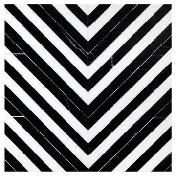 A layout of the pART Deco Modique Obsidian mosaic in the Chevron pattern layout, made from polished Thassos Select and Nero Marquina marble. A layout of the pART Deco Modique Obsidian mosaic in the Chevron pattern layout, made from polished Thassos Select and Nero Marquina marble.