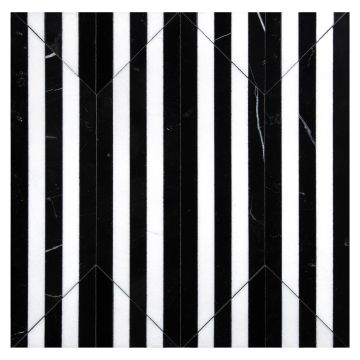 A layout of the pART Deco Modique Obsidian mosaic in the Stream pattern layout, made from polished Thassos Select and Nero Marquina marble. A layout of the pART Deco Modique Obsidian mosaic in the Stream pattern layout, made from polished Thassos Select and Nero Marquina marble.