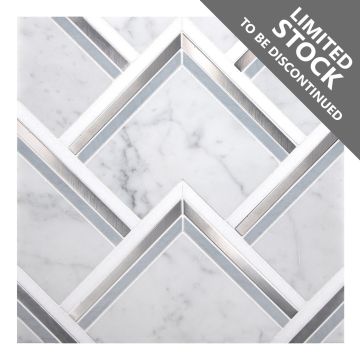 A field of the Angles mosaic, made from Italian Carrara, Bardiglio, and Thassos polished marble, with stainless steel accents.