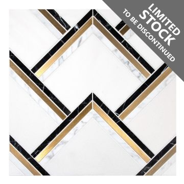 A field of the Angles mosaic, made from Sivec White, Statuario, and Nero Marquina polished marble, with matte brass accents.