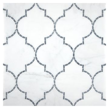 A field of the Arabesque mosaic, seen in honed Statuario and polished Bardiglio marble, part of the Specialty Mosaics collection. A field of the Arabesque mosaic, seen in honed Statuario and polished Bardiglio marble, part of the Specialty Mosaics collection.
