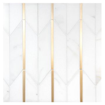 A field of the Arrows mosaic, made from Thassos and Calacatta Gold polished marble, with matte brass accents. A field of the Arrows mosaic, made from Thassos and Calacatta Gold polished marble, with matte brass accents.