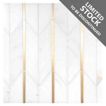 A field of the Arrows mosaic, made from Thassos and Calacatta Gold polished marble, with matte brass accents. A field of the Arrows mosaic, made from Thassos and Calacatta Gold polished marble, with matte brass accents.
