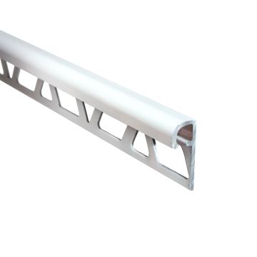 A three-quarter view of the 90-degree modern finishing edge in Super White, super gloss finish, part of the Precision Ceramic Series. A three-quarter view of the 90-degree modern finishing edge in Super White, super gloss finish, part of the Precision Ceramic Series.