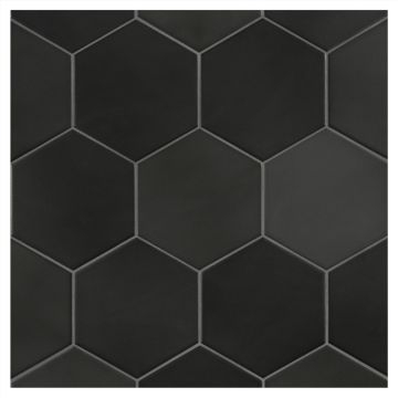 The Truetones porcelain 5.5" Hexagon tile in 16 Shades of Black Matte.