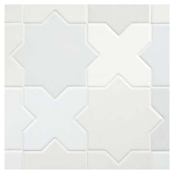 The Truetones porcelain crossing star tile in 16 Shades of white matte. The Truetones porcelain crossing star tile in 16 Shades of white matte.