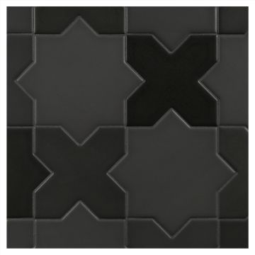 The Truetones porcelain Crossing star tile in 16 shades of black matte. The Truetones porcelain Crossing star tile in 16 shades of black matte.