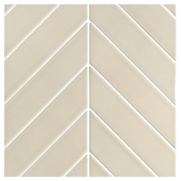 The Cezanne Ceramic Chevron 2" x 8" mosaic in Taupeige with a gloss finish.