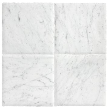 Four tiles of the Chateau Lyon 8" x 8" tiles in Italian Carrara Light Select with a hand burnished finish.