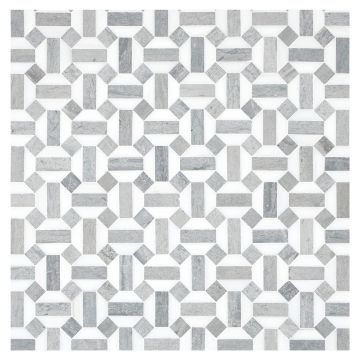A field of the Canterbury mosaic, made from honed Bianco Dolomiti Select marble and honed Wood Vein Blue limestone. A field of the Canterbury mosaic, made from honed Bianco Dolomiti Select marble and honed Wood Vein Blue limestone.