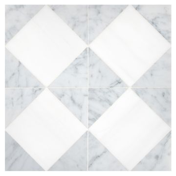 A field of the Asquare mosaic, made from honed Bianco Dolomiti Select and Italian Carrara Light Select marble, in a consistent layout. A field of the Asquare mosaic, made from honed Bianco Dolomiti Select and Italian Carrara Light Select marble, in a consistent layout.