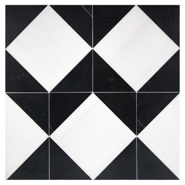 A field of the Asquare mosaic, made from honed Bianco Dolomiti Select and Nero Marquina marble, in a staggered, offset layout. A field of the Asquare mosaic, made from honed Bianco Dolomiti Select and Nero Marquina marble, in a staggered, offset layout.