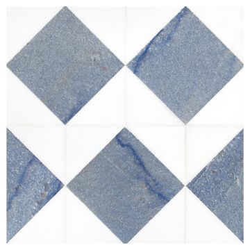 A field of the Asquare mosaic, made from honed Thassos and polished Azul Macaubas marble, in a staggered, offset layout. A field of the Asquare mosaic, made from honed Thassos and polished Azul Macaubas marble, in a staggered, offset layout.