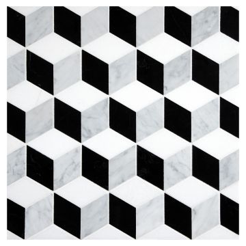A field of the Cubist mosaic, made from Thassos, Italian Carrara Light Select, and Nero Marquina marble with a polished finish. A field of the Cubist mosaic, made from Thassos, Italian Carrara Light Select, and Nero Marquina marble with a polished finish.