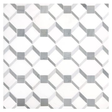 A field of the Lattison mosaic, made from Bianco Dolomiti Select, Morning Blue, and Bardiglio Imperiale marble, with a polished finish. A field of the Lattison mosaic, made from Bianco Dolomiti Select, Morning Blue, and Bardiglio Imperiale marble, with a polished finish.
