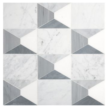 A field of the Preston's Peak mosaic, made from Thassos, Italian Carrara Light Select, Italian Carrara Dark Select, Bardiglio Light, and Bardiglio Imperiale marble, with a polished finish. A field of the Preston's Peak mosaic, made from Thassos, Italian Carrara Light Select, Italian Carrara Dark Select, Bardiglio Light, and Bardiglio Imperiale marble, with a polished finish.