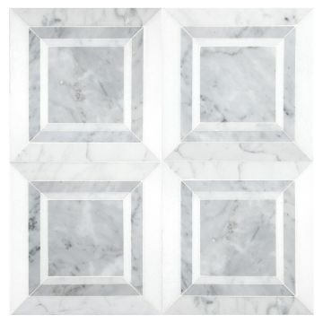 A field of Regal Square made from Thassos, Italian Carrara Light and Italian Carrara Dark polished marble, in a consistent layout. A field of Regal Square made from Thassos, Italian Carrara Light and Italian Carrara Dark polished marble, in a consistent layout.