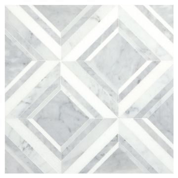 A field of Regal Square made from Thassos, Italian Carrara Light and Italian Carrara Dark polished marble, in a convergent layout. A field of Regal Square made from Thassos, Italian Carrara Light and Italian Carrara Dark polished marble, in a convergent layout.
