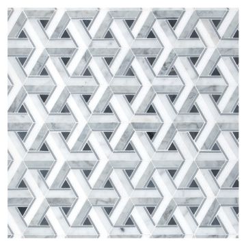 A field of the Triton mosaic, made from Thassos Select, Italian Carrara Light and Dark select, Bardiglio Light and Bardiglio Imperiale marble, all in a polished finish. A field of the Triton mosaic, made from Thassos Select, Italian Carrara Light and Dark select, Bardiglio Light and Bardiglio Imperiale marble, all in a polished finish.