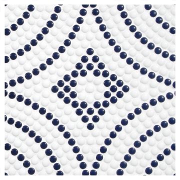 A field of the Riviera pattern from the Bijoux Glass mosaic collection, seen in the White and Navy Blue colorway with a gloss finish.