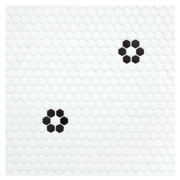 A field of the Fleurette pattern from the Cafe Glass mosaic collection, seen in White and Black colorway with a matte finish. A field of the Fleurette pattern from the Cafe Glass mosaic collection, seen in White and Black colorway with a matte finish.